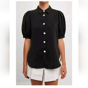  English Factory Sleeve Embellished Button-Up Blouse
